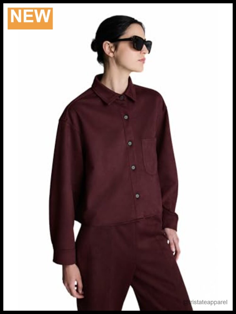 Cropped Button Front Suede Shirt Long Sleeve Collared Blouse
